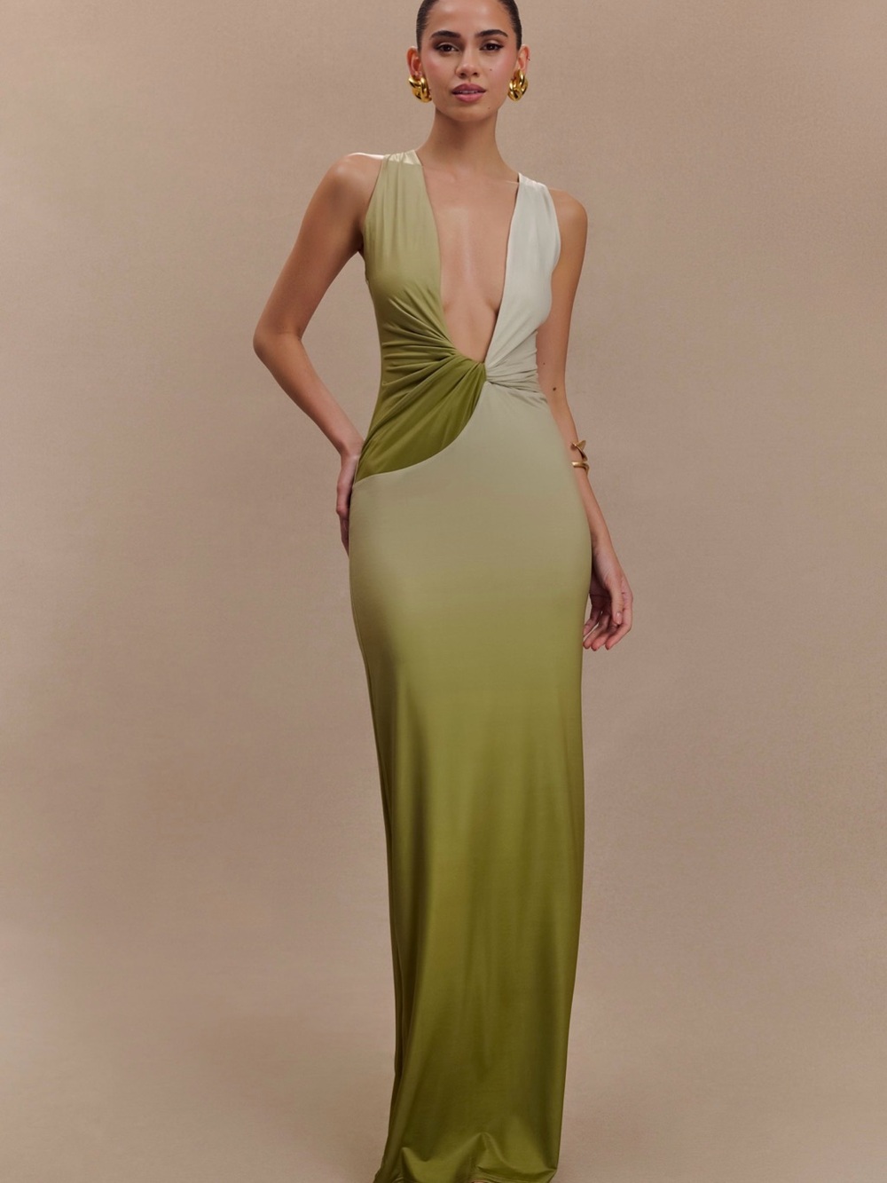 Green Ombré Twist Plunge Maxi Dress